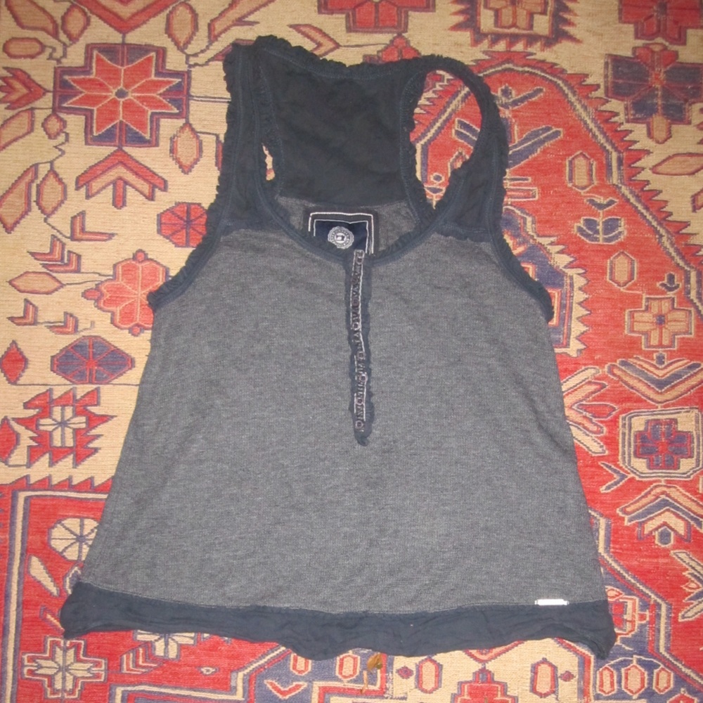 true vintage y2k superdry grey blue top frilly trim